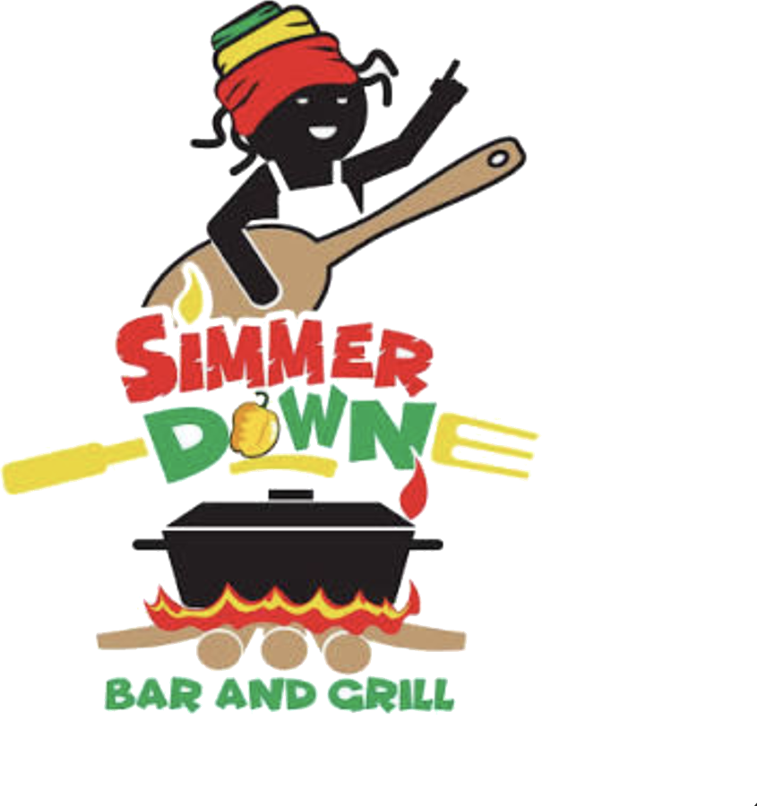 Simmer Down Bar and Grill logo: a cook in a red, gold and green cap stirring a pot over a fire