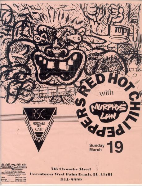 Red Hot Chili Peppers with Murphy's Law, Respectable Street Cafe, Sunday March 19 — pink photocopied handbill